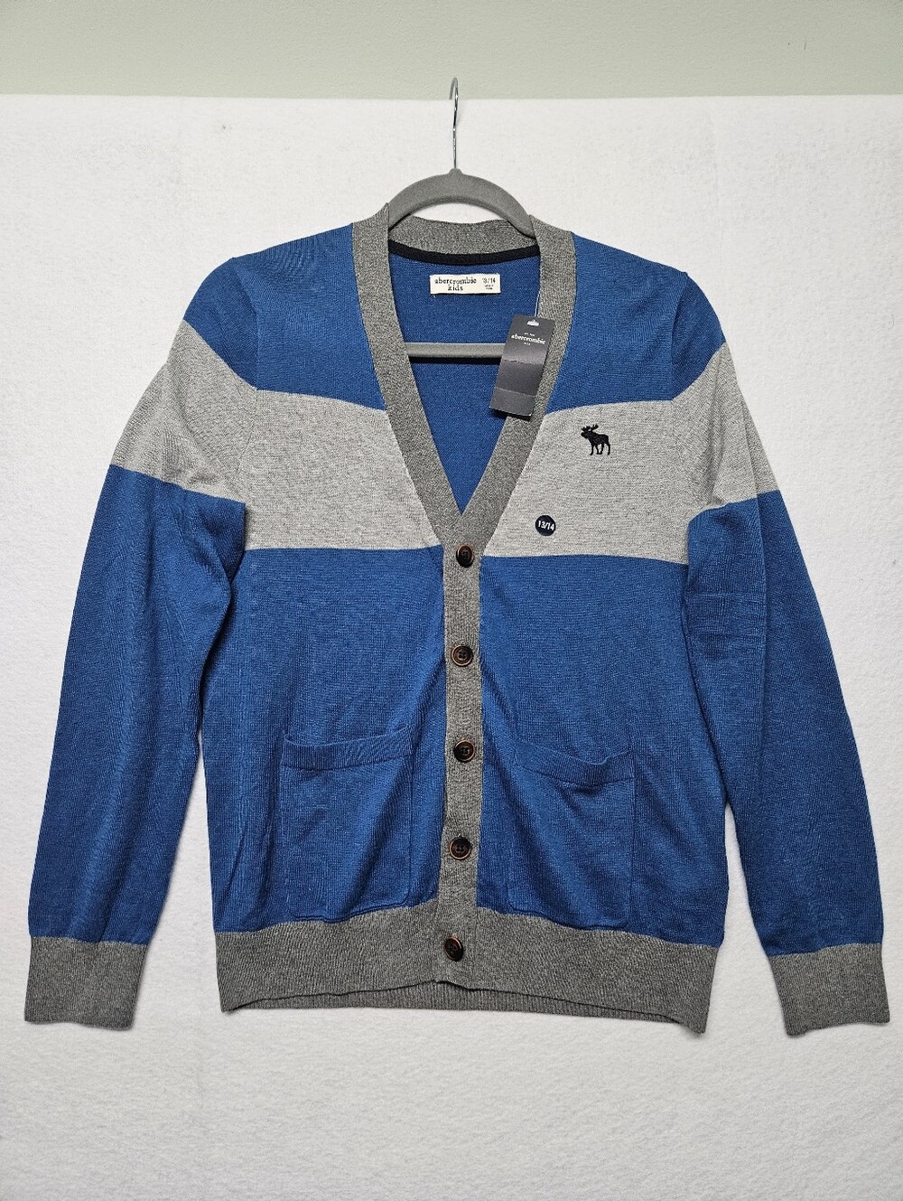 Abercrombie & Fitch Kids Blue Grey Color-block Cardigan Sweater Moose Logo NWT